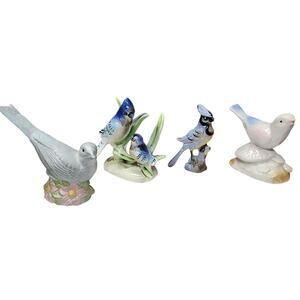 Set of 4 Vintage Hand Painted Porcelain Bird Figurines Japan Blue Jay
